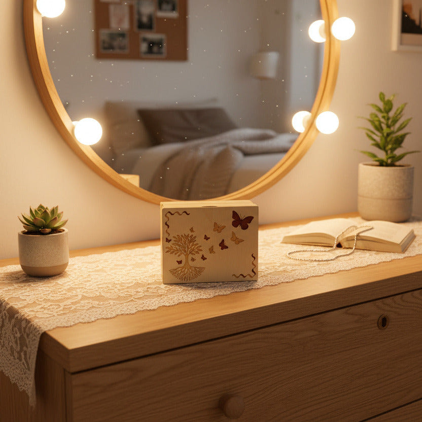Holzschachtel mit Dekor Lebensbaum & Schmetterlinge aus Sperrholz, lasergraviert, Lifestyle-Aufnahme auf Schminktisch mit Spiegel und warmem Licht