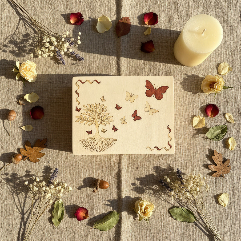 Holzschachtel mit Dekor Lebensbaum & Schmetterlinge aus Sperrholz, lasergraviert, Draufsicht auf Leinenstoff mit Trockenblumen, Rosenblüten und Kerze