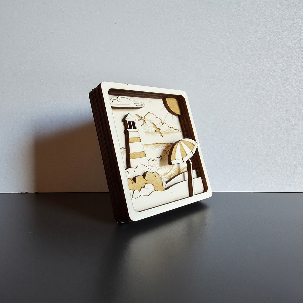 3D Multilayer-Bild Leuchtturm mit Sonnenschirm aus Sperrholz, lasergraviert, Schrägansicht mit dunklem Rahmen auf weißem Hintergrund
