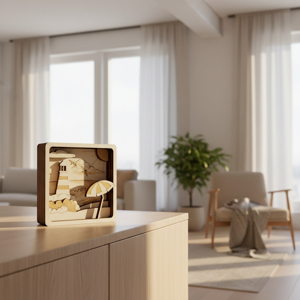3D Multilayer-Bild Leuchtturm mit Sonnenschirm aus Sperrholz, lasergraviert, Lifestyle-Aufnahme auf Sideboard in modernem Wohnzimmer