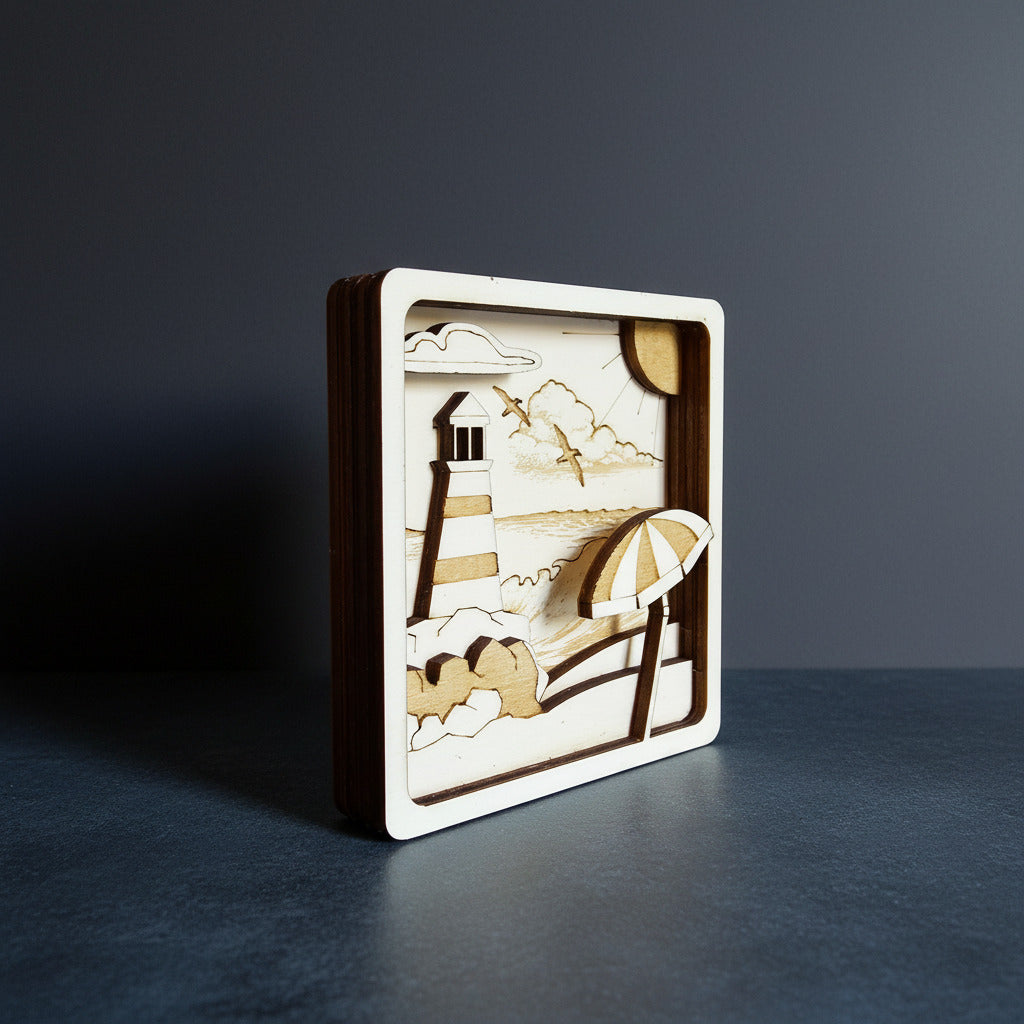 3D Multilayer-Bild Leuchtturm mit Sonnenschirm aus Sperrholz, lasergraviert, Schrägansicht mit dunklem Rahmen auf grauem Untergrund